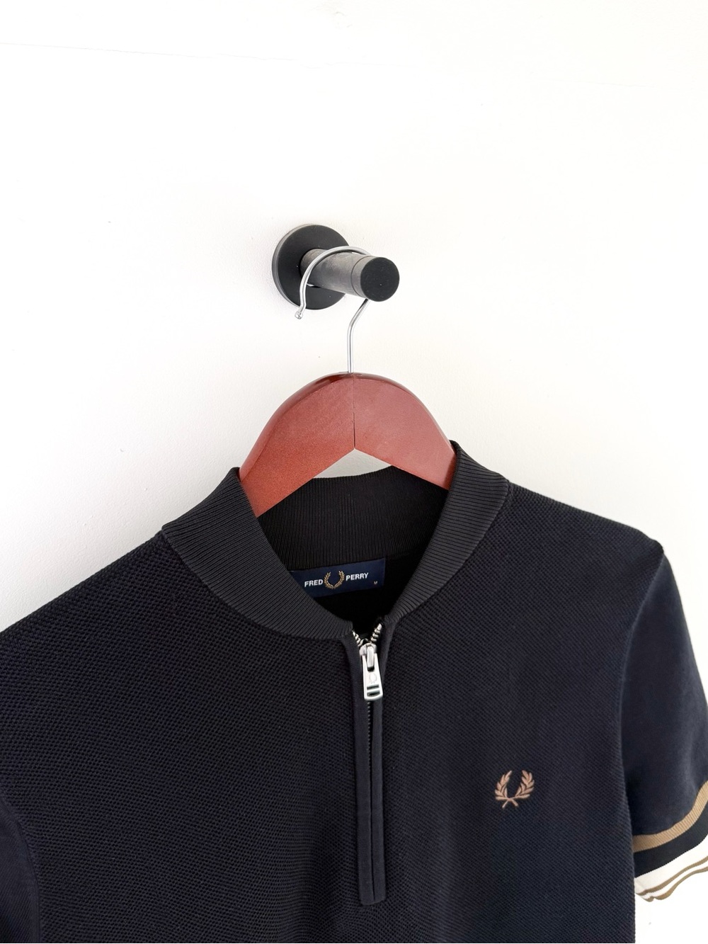 NEW Fred Perry Black Half-Zip Short Sleeve Sweater with Gold Trim Pique Cotton - Picture 2 of 12